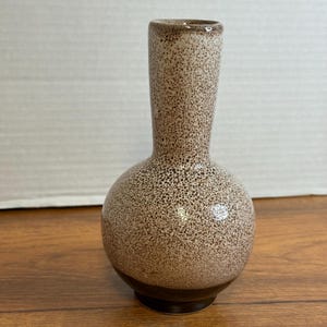 May include: A speckled ceramic vase with a bulbous base and a slender neck. The vase features a brown and beige speckled pattern, with a dark brown base and rim. The vase is displayed on a wooden surface.