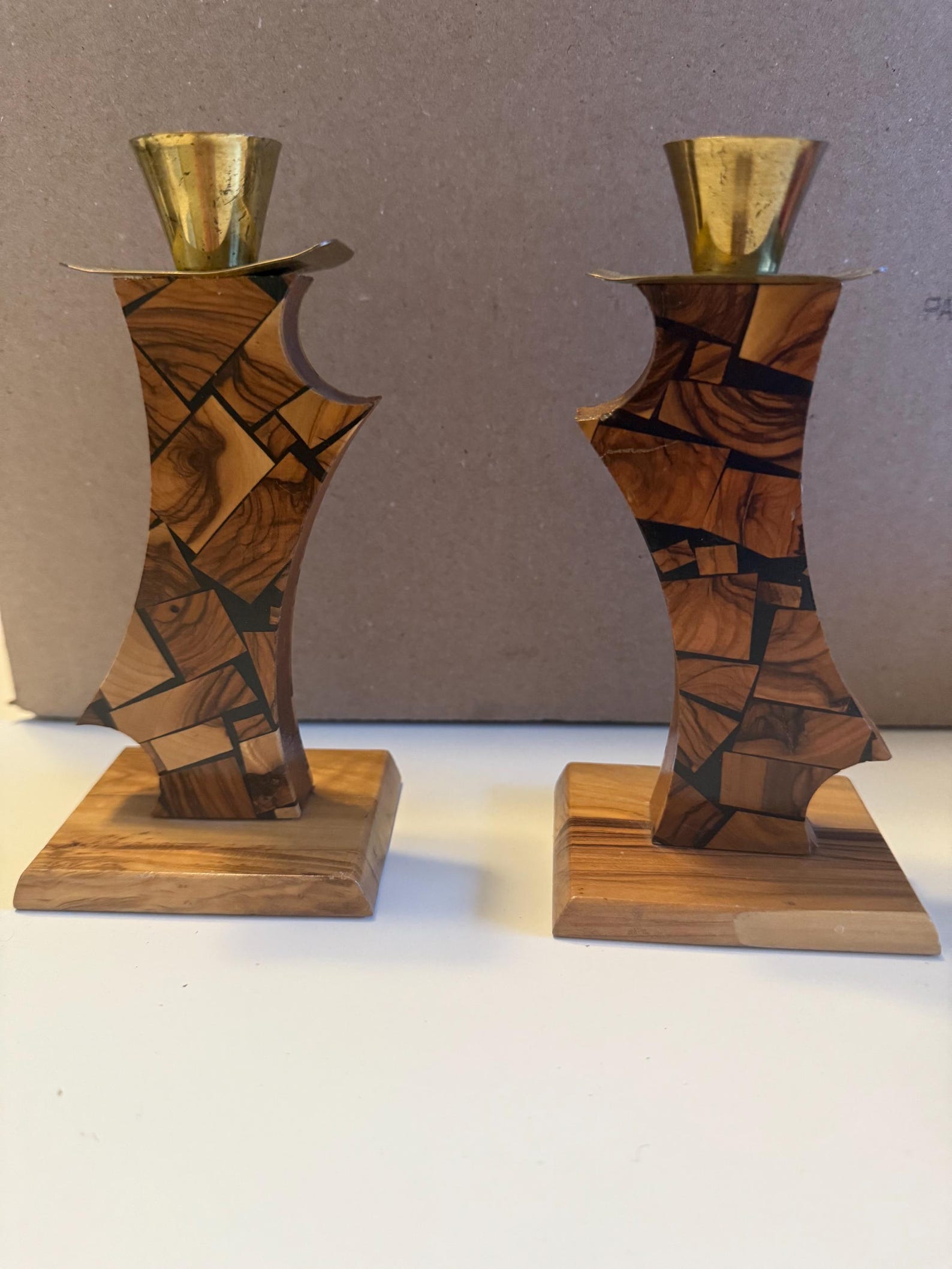 Vintage 1970’s Olive Wood and Brass Mosaic Candleholders. Shabbat Candleholders.