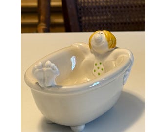 Vintage Fitz and Floyd FF keramisch badbeeldje zeepbakje persoon in bad