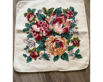 Chenille Floral Washcloth Cotton Face Towel Roses Cream Vintage Waverly