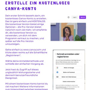 Op de afbeelding: Een screenshot van een website met een paarse achtergrond en witte tekst. De tekst luidt "Erste Schritte" en "ERSTELLE EIN KOSTENLOSES CANVA-KONTO". De tekst legt uit hoe je een gratis Canva-account kunt aanmaken en de voordelen van het gebruik van de gratis versie. De afbeelding toont ook een screenshot van de Canva-aanmeldpagina, die opties bevat om je aan te melden met Google, Facebook of een e-mailadres.