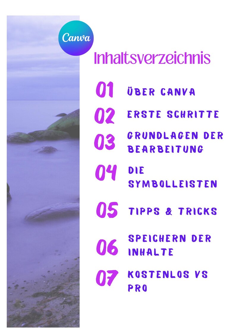Op de afbeelding: Een paarse en witte afbeelding met de tekst "Inhaltsverzeichnis" en een genummerde lijst met onderwerpen over Canva. De onderwerpen omvatten "&Uuml;ber Canva", "Erste Schritte", "Grundlagen der Bearbeitung", "Die Symbolleisten", "Tipps & Tricks", "Speichern der Inhalte" en "Kostenlos vs Pro".