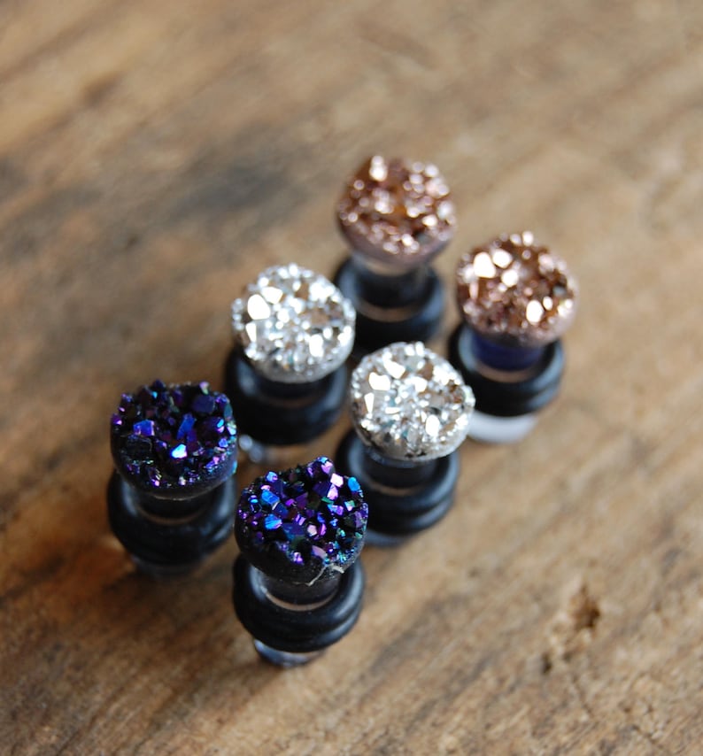 6mm 4mm 2g 00g 8mm 6g 0g 12mm Rose Gold Faux Druzy Rough Crystal Plugs for stretched earlobes Druzy gauges. 10mm