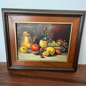 RARE Vintage Antique Framed Original Signed Still Life Fruit and Wine Oil Painting