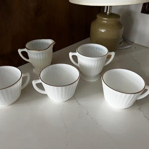 Vintage 1930s Macbeth Evans Monax Petalware Creamer Sugar Bowl Tea Cups Gold Rim Design Depression Glass Milk Glass