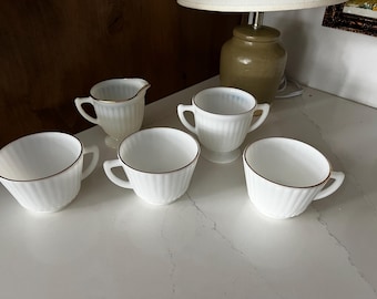 Vintage 1930s Macbeth Evans Monax Petalware Creamer Sugar Bowl Tea Cups Gold Rim Design Depression Glass Milk Glass