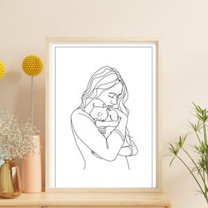 赤ちゃんを抱くお母さんの線画、ミニマリストの母と子の絵、デジタルウォールアート、赤ちゃんの部屋の装飾、母の日ギフト、すぐにダウンロード
