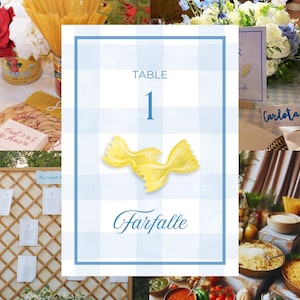 Op de afbeelding: Een tafelnummerkaart met een blauw-witte geruite achtergrond. De kaart toont "Tafel 1" en "Farfalle" met een aquarel illustratie van farfalle pasta. De afbeelding maakt deel uit van een bruiloftsreceptie met pastagerechten en bloemstukken.