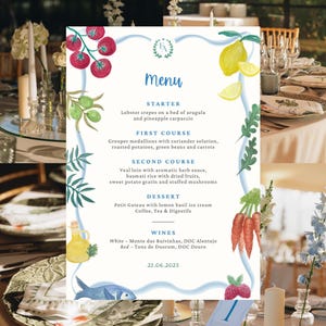 Editable Wedding Menu Template | Hand-Painted Watercolor Food Illustrations | A5 Canva Design | Printable Event Menu | Mediterrenean Theme