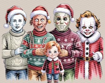 Puede incluir: Ilustración de cinco personajes con gorros de Papá Noel y jerséis navideños. Los personajes son de películas de terror. La imagen contiene el texto "ECHO SIP CO."