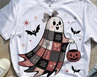 Retro Halloween Ghost PNG: Patchworkowy wzór dyni (pobieranie cyfrowe)