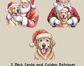 Pack de 3 luces navideñas: Papá Noel Retriever PNG, Golden Retriever navideño en acuarela PNG, Papá Noel divertido, Navidad retro, Perro navideño adorable