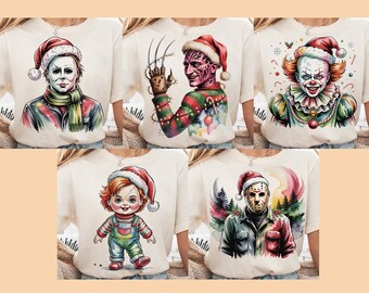 Puede incluir: Cinco camisetas color crema con ilustraciones en acuarela de personajes de películas de terror con gorros de Papá Noel. Los personajes incluyen a Michael Myers, Freddy Krueger, Pennywise, Chucky y Jason Voorhees. Cada diseño es único y festivo.