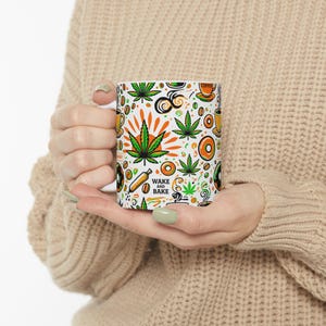 Taza de café con diseño de Wake and Bake // Regalo de cannabis / Diseño vibrante de 11 oz o 15 oz de marihuana y café / Regalo para fumetas 420 Friendly