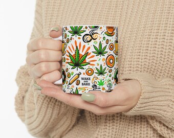 Wake and Bake-mönster // Cannabispresentmugg | Livfullt 11oz eller 15oz Weed & Coffee-mönster | 420 Friendly Stoner-present