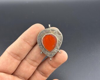 Colgante antiguo afgano de plata, piedra de ágata natural, joyería tribal.