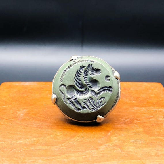 Unique Solid Silver Ring With Green Agate Carved … - image 7