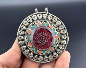 Colgante antiguo afgano de plata, piedra de ágata natural, joyería étnica tribal.