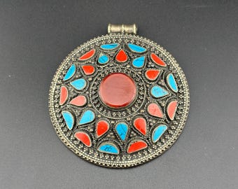 Colgante antiguo afgano de plata con piedra de ágata natural, joyería étnica tribal.