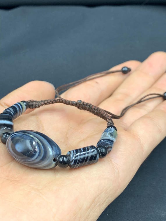 本物の黒瑪瑙ブレスレット、ユニークな石のライン - Etsy 日本