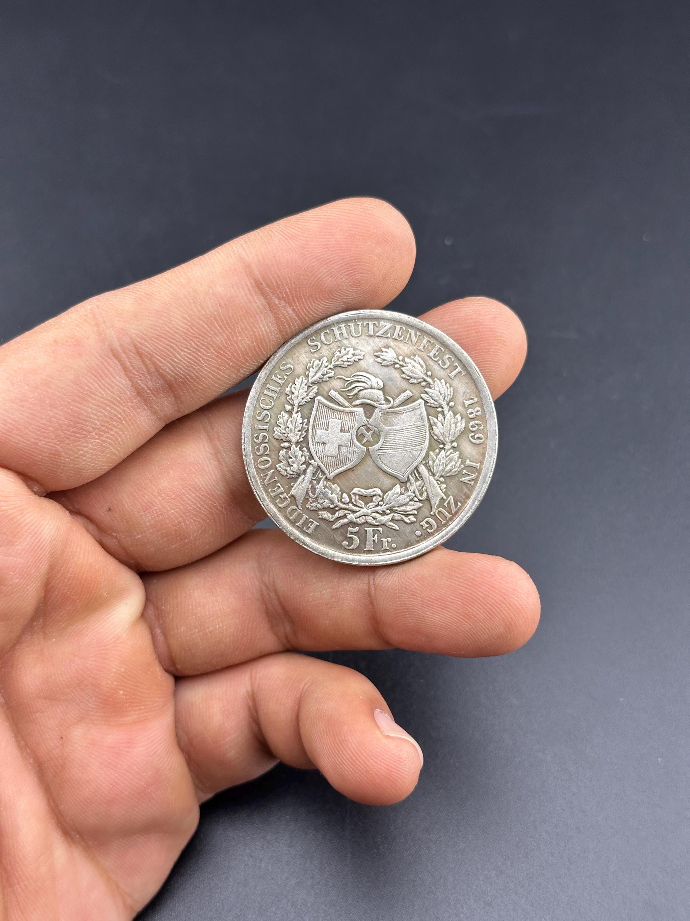 1869 Switzerland 5 Francs Zug Shooting Festival Coin. Historic
