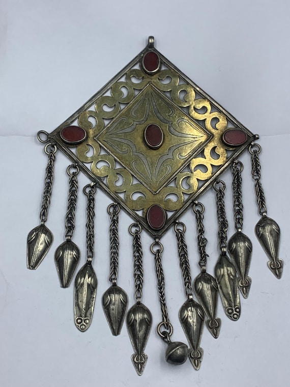 Antique Turkmenistan Silver Carnelian Pendant, Ethnic Tassel