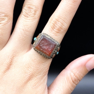 Anillo antiguo de ágata antigua, raro y genuino, de plata maciza, anillo antiguo, anillo de ágata, anillo de Afganistán.