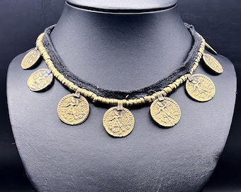 Antique Roman Necklace, Brass coins Roman with Cotten Necklace, Ethnic Necklace