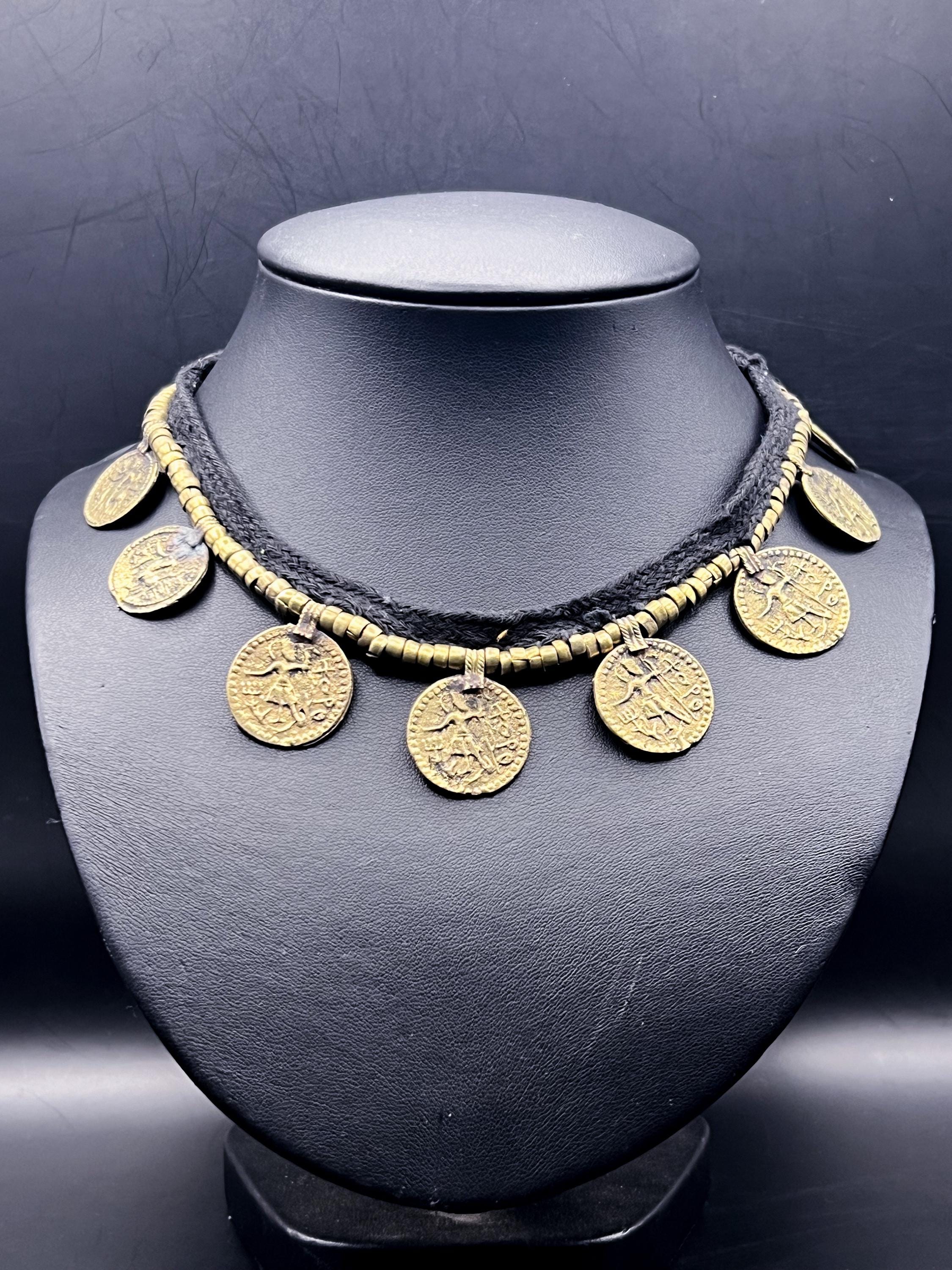 Antique Brass Roman Coin Necklace, Cotton Ethnic Necklace - Etsy