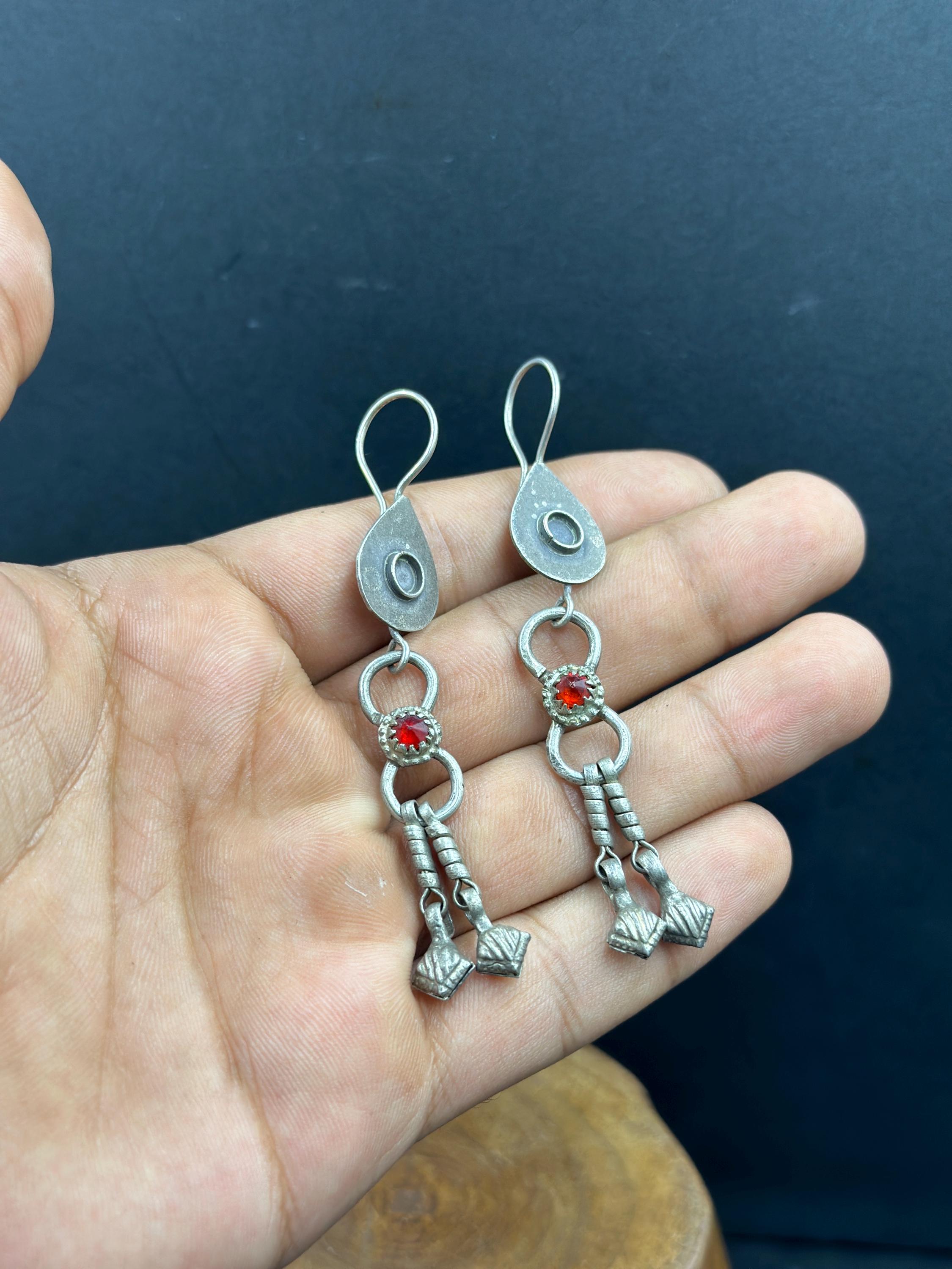 Boucles D'oreilles Pendantes Vintage En Argent Massif - Avec Perles Et Cabochon Verre, Anciennes