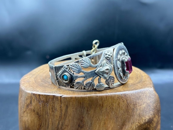 Bracelet Ancien Afghan Persan En Argent Massif, émail Peint à La Main - Modèle P150