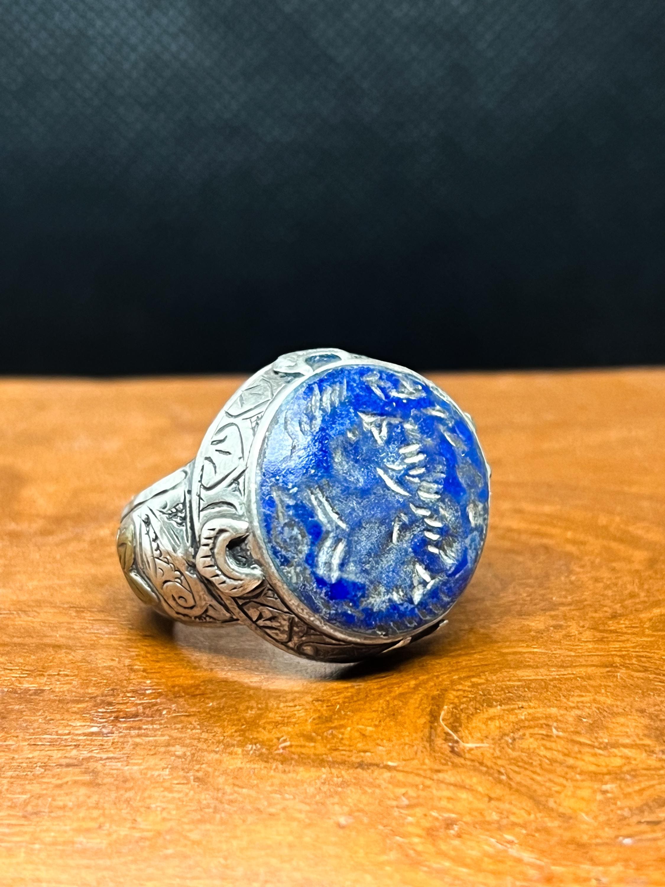 Vintage Silver Lapis Lazuli Intaglio Ring, Two Men Head Design