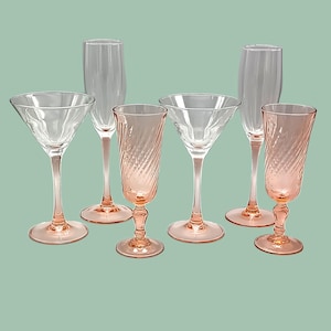 6 VERRES assortis vintage roses, flûtes à champagne