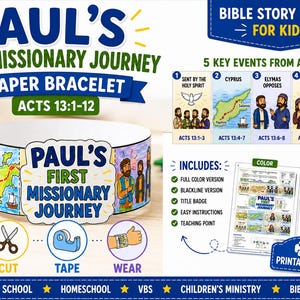 May include: A printable paper bracelet craft titled Paul's First Missionary Journey Acts 13:1-12. The kit includes five key events, colour and blackline versions, and instructions to colour, cut, tape, and wear the bracelet featuring biblical illustrations.