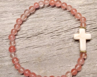 Strength. Prayer Bracelet. Gemstone Watermelon Cherry Quartz 4mm beaded bracelet with gemstone cross.