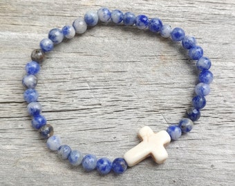 Peace Be With You. Prayer Bracelet. Lapis Lazuli gemstone beaded stretch cross bracelet.