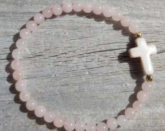 Love. Prayer Bracelet. Rose Quartz 4mm beaded stretch cross bracelet.