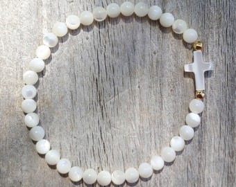 Shine. Prayer Bracelet. Mother of Pearls beaded stretch cross bracelet.