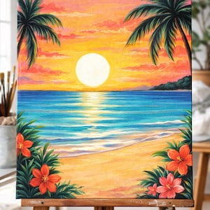 Pode incluir: Uma pintura vibrante de uma cena de praia em tela. A obra retrata um pôr do sol sobre o oceano, com palmeiras e flores de hibisco emoldurando a vista. O céu transita do rosa para o amarelo, refletindo na água.