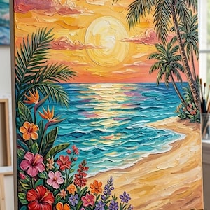 Pode incluir: Uma pintura a óleo vibrante de uma cena de praia tropical. A obra retrata um pôr do sol sobre o oceano, com palmeiras, flores coloridas e uma praia de areia. A pintura é exibida em um cavalete de madeira.