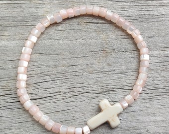 All My Heart. Prayer Bracelet. Pink Shell beaded stretch cross bracelet.