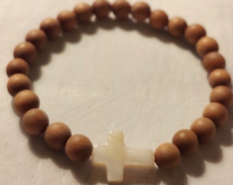 Phil 4:7. Prayer Bracelet. Rosewood beads from India, hand carved mother of pearl shell cross beaded stretch cross bracelet.