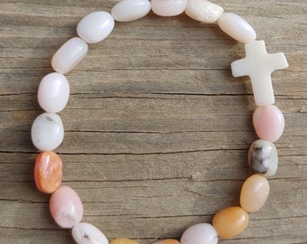 Peace. Prayer Bracelet. Gemstone Pink Angelite Quartz 6mm beaded bracelet with gemstone cross.