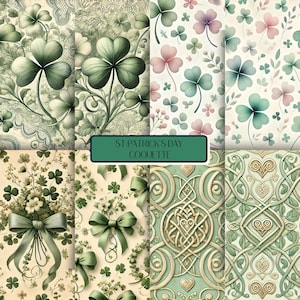 Kokette irisches Kleeblatt-vierblättriges Kleeblatt Musterdesign, St Patrick&#39;s Day Hintergründe, druckbares digitales Papier