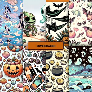A colorful collage titled "SUMMERWEEN" showcases whimsical illustrations that combine summer and Halloween themes. Scenes include surfing witches, a zombie playing beach volleyball with a ghost, black cats in hammocks, bats in sunglasses, pumpkins mixed with seashells, spooky cocktails, flip-flops, cauldrons with lemon slices, and ghosts floating over a beach. The mix of spooky and sunny elements creates a fun, quirky seasonal mashup perfect for Halloween lovers who adore summer