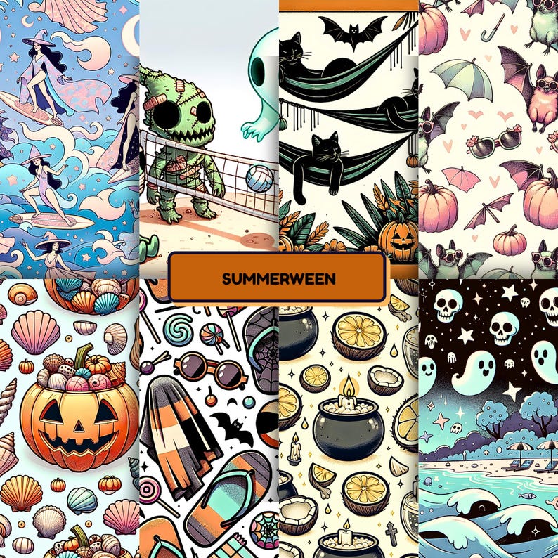 A colorful collage titled "SUMMERWEEN" showcases whimsical illustrations that combine summer and Halloween themes. Scenes include surfing witches, a zombie playing beach volleyball with a ghost, black cats in hammocks, bats in sunglasses, pumpkins mixed with seashells, spooky cocktails, flip-flops, cauldrons with lemon slices, and ghosts floating over a beach. The mix of spooky and sunny elements creates a fun, quirky seasonal mashup perfect for Halloween lovers who adore summer