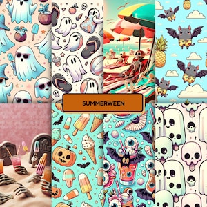 May include: A collage of digital art patterns with a summer and Halloween theme. The patterns include ghosts, bats, ice cream, pumpkins, and skeletons on a beach. The text "SUMMERWEEN" is displayed on a brown rectangle.
