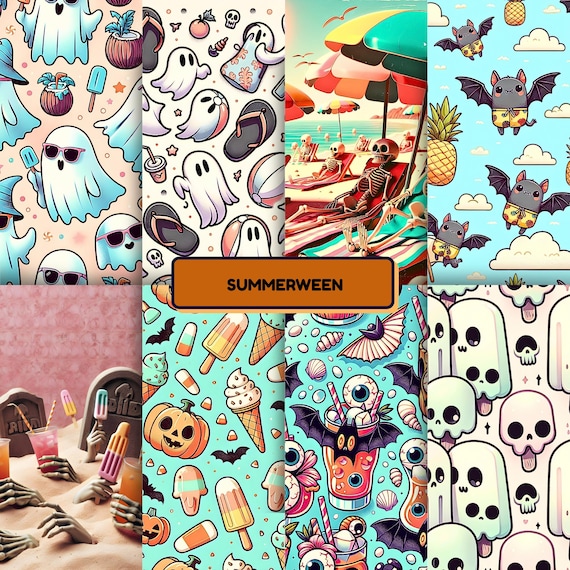 Summerween Digital Paper Pack Wall Art, Spooky Beach Halloween Ghosts Bats Skulls