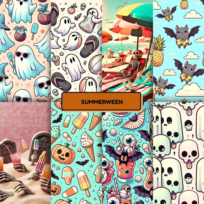 A playful collage titled "SUMMERWEEN" features eight vibrant illustrations blending summer and Halloween themes. Designs include ghosts with sunglasses, skeletons lounging on the beach, bats in swim trunks, and spooky treats like eyeball cocktails, popsicles, and pumpkins. Colorful elements like pineapples, seashells, and ice cream are mixed with skulls, tombstones, and bats. The artwork combines pastel tones with spooky-cute vibes for a fun, quirky summer-horror aesthetic