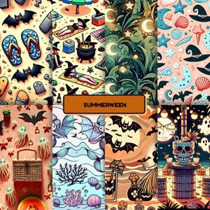 A vibrant "SUMMERWEEN" collage features playful mashups of summer and Halloween themes. Illustrations include flip-flops with bats and tombstones, witches sunbathing beside cauldrons, glowing waves under moonlight, and pastel sea shells with witch hats. Other scenes show jellyfish and bats near a picnic basket, mermaids with spooky creatures, tropical drinks surrounded by bats, and a beach bar with ghost lights and a skull centerpiece. The art blends eerie fun with beachy vibes